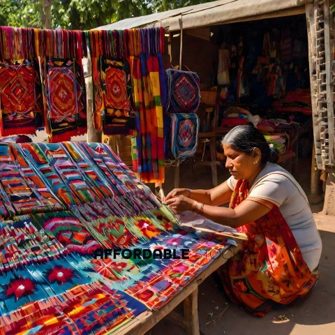 A woman wearing a white shirt and a colorful skirt is working on a colorful blanket
