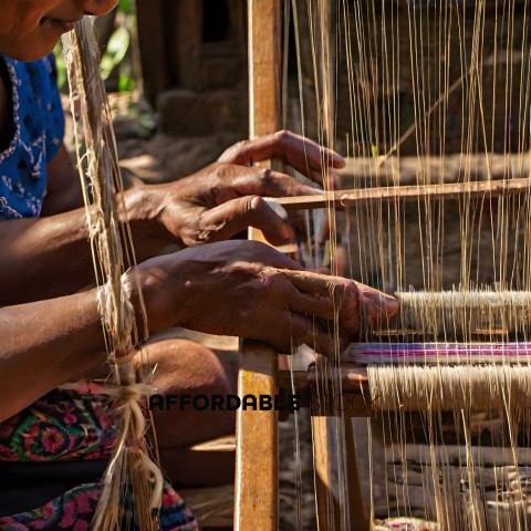 A woman weaving with a wooden loom