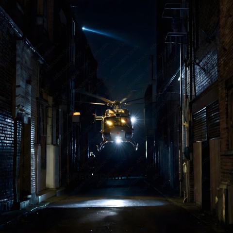 A helicopter flying through a narrow alleyway