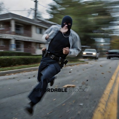 Man in black mask and black shirt running down the street