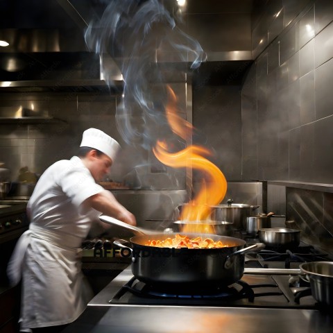 A chef cooking a dish with a flame
