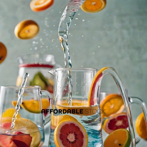 A pitcher of water with fruit in it