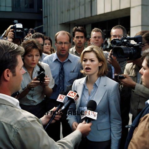 A reporter interviews a woman in a suit