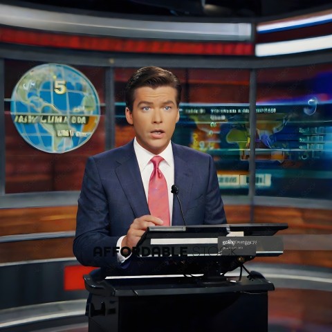 A news anchor in a suit and pink tie