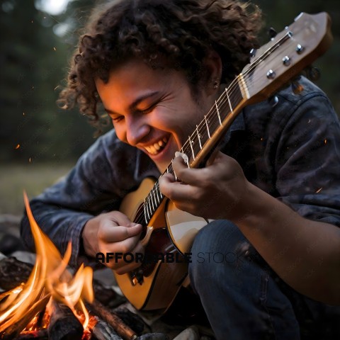 Man playing guitar by fire