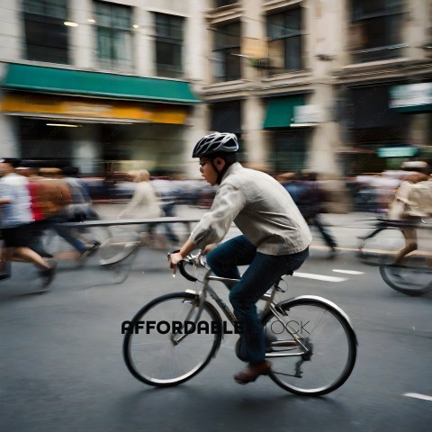 Man riding a bicycle in a busy city street