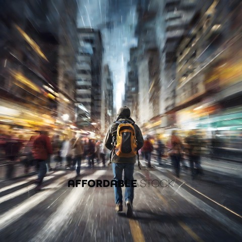 A man in a yellow backpack walks down a busy street