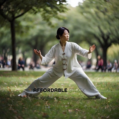 A woman in a white outfit is practicing martial arts in a park