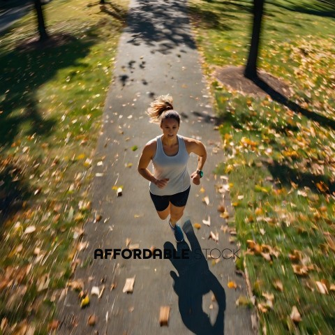 Woman jogging on a path with leaves