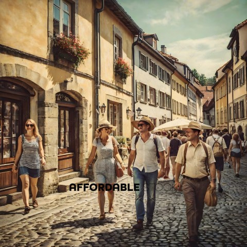 People walking down a cobblestone street