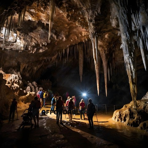 A group of people are standing in a cave