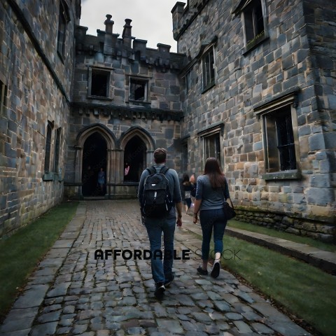 A couple walking down a cobblestone pathway in front of a large building