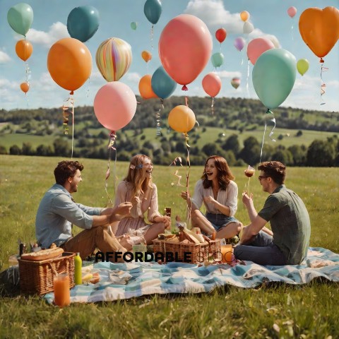 A group of four people enjoying a picnic in a field with balloons