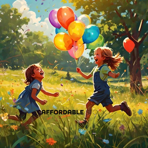 Two little girls running through a field with balloons
