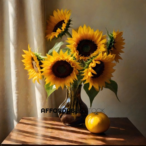 A vase of sunflowers and an orange on a table