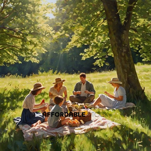 A family of four enjoys a picnic in the park