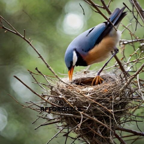 A bird with a blue head and orange beak eating from a nest