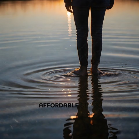 A person standing in water with sunset in the background