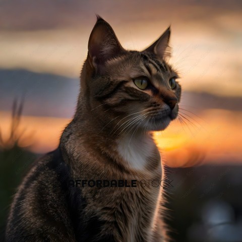 A cat sitting in front of a sunset