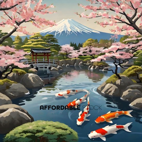 A painting of a river with three fish