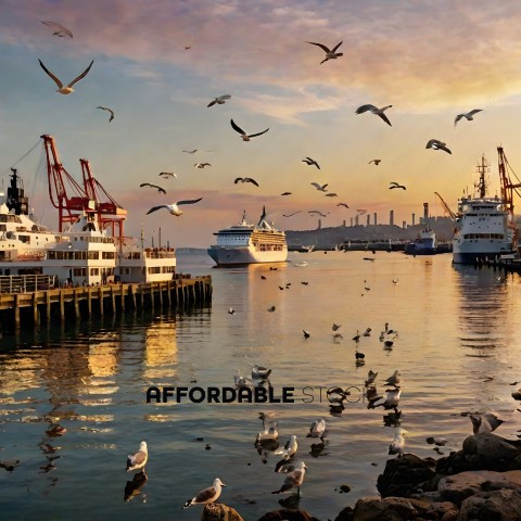 Seagulls and other birds in a harbor