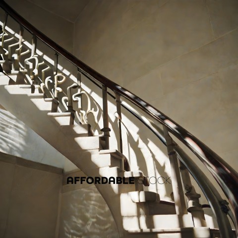 A staircase with a metal railing