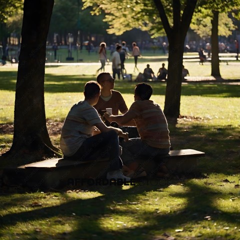Three men sitting on a bench in a park