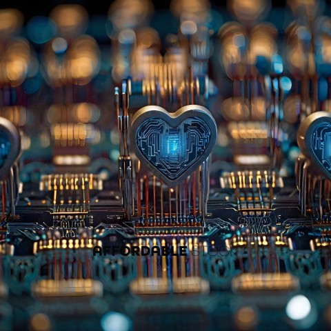 A close up of a circuit board with a heart shaped component