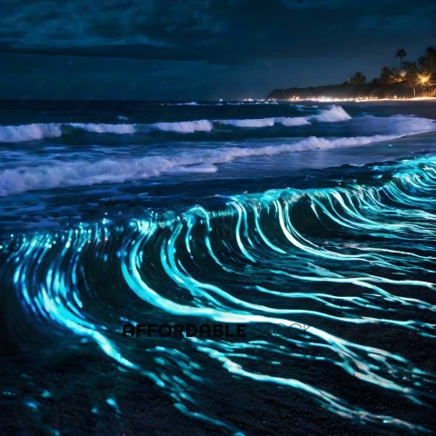 A nighttime beach scene with blue light