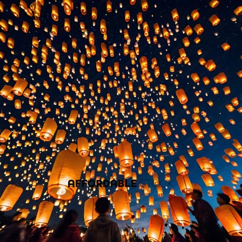 A group of people looking up at a sky filled with floating lights