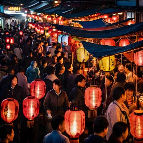 Crowd of people walking through a market with red lanterns