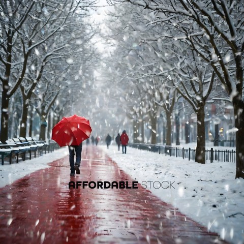 A person walking down a snowy path with a red umbrella
