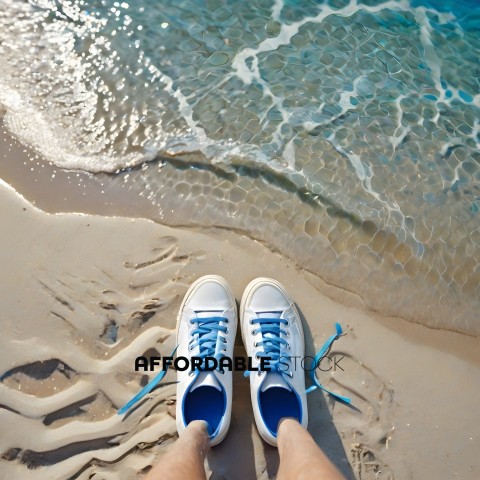 A person wearing white sneakers with blue laces standing on the beach