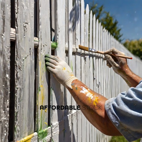 Man painting a fence with a brush