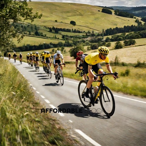 Cyclists race down a country road
