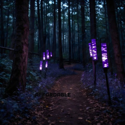 A pathway through the woods with purple lights