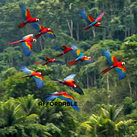 A group of colorful birds flying in the air