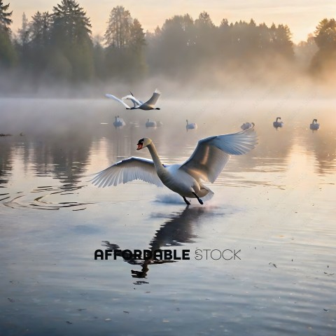 Swans in a lake with mist