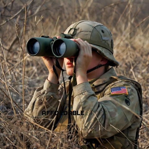 A soldier in a field with binoculars