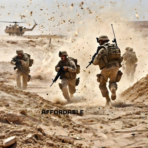 Soldiers running through sand with guns