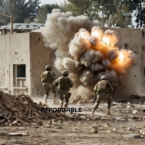 Soldiers in a war zone with a large explosion in the background