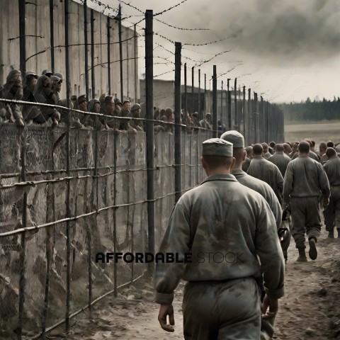 Soldiers in a prison camp, looking through a barbed wire fence