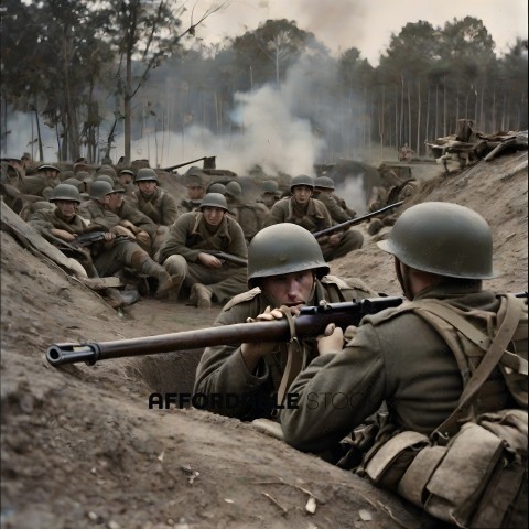 Soldiers in a trench with guns
