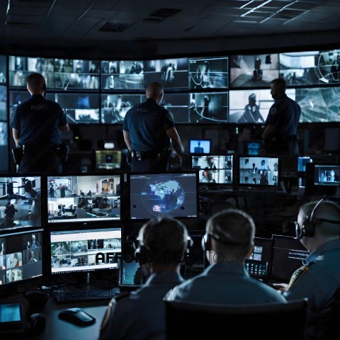 Police officers watching security cameras in a command center