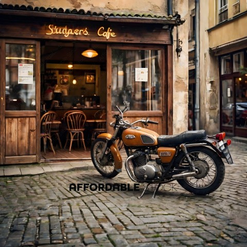 A brown and black motorcycle parked in front of a cafe