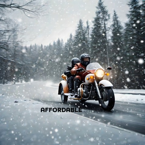 Snowy Road Riders on Motorcycle