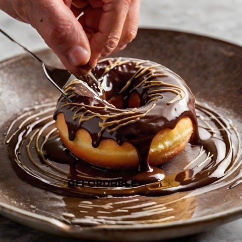 A person is dipping a chocolate doughnut into a pool of chocolate sauce