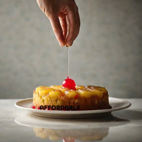 A person is pouring a liquid onto a cake