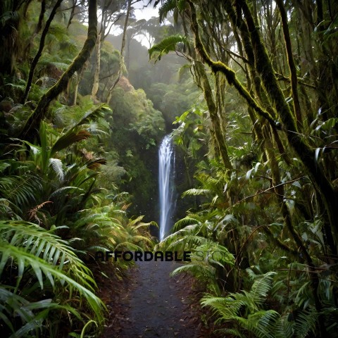 A pathway through a dense jungle with a waterfall