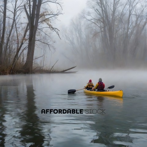 Two people in a yellow kayak on a foggy river